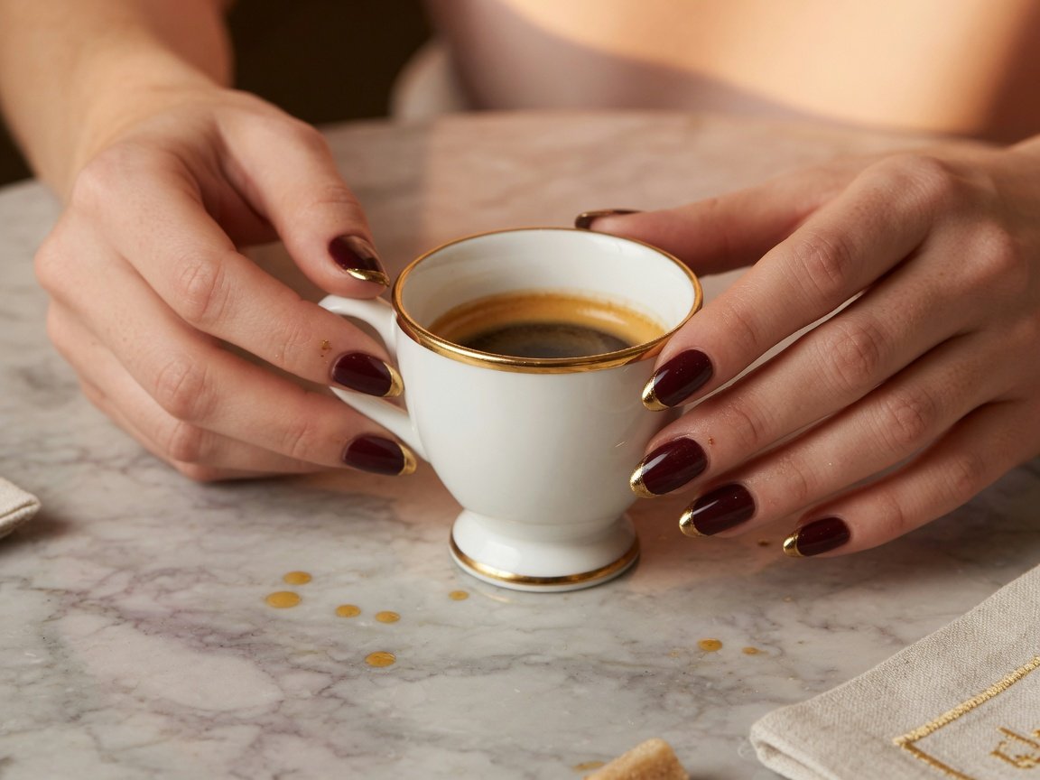 Burgundy Shellac manicure with a gold French line