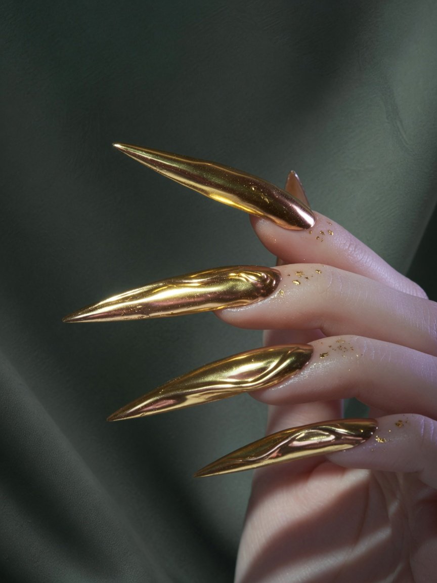 Liquid gold chrome stiletto nails