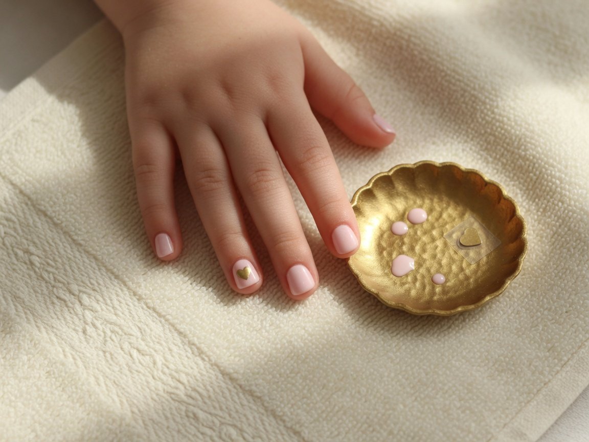 Child's hand with pale pink polish and a gold heart